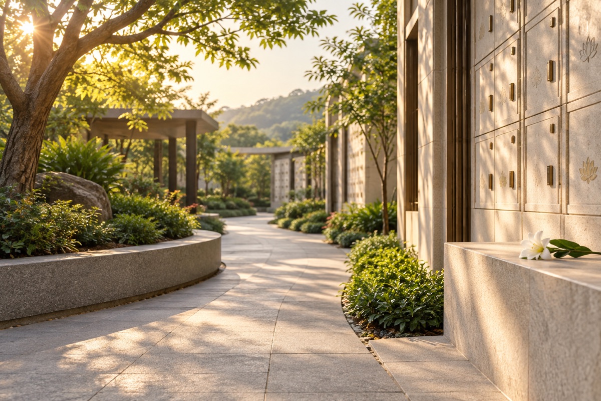 夕陽照亮綠意環繞的安靜追思園區步道